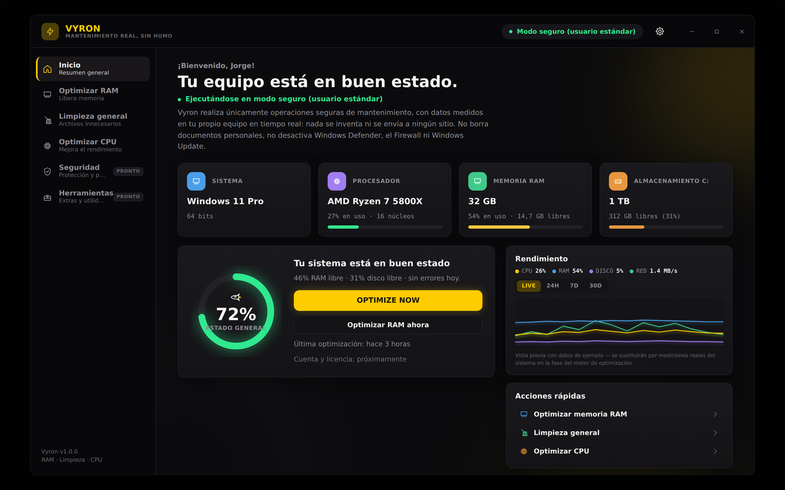 Panel principal de Vyron mostrando el estado del sistema en tiempo real